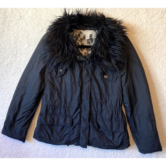 Chicos Womens Coat Jacket Faux Leather Animal Pockets Faux Fur‎ Collar Black - Picture 1 of 10